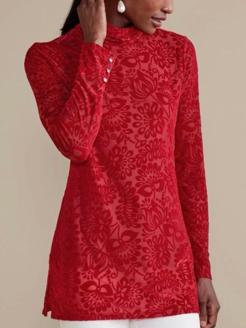 Soft Surroundings Women L Red Dahlia Walden Velvet Turtleneck Tunic Top NWT